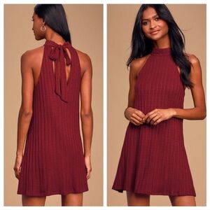 Lulu's Thoughtfulness Burgundy Ribbed Halter Swing Dress NWT Small‎